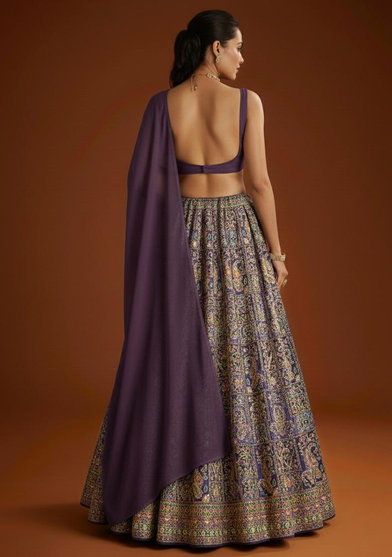 Purple Embroidered Crepe Lehenga Set - Indya