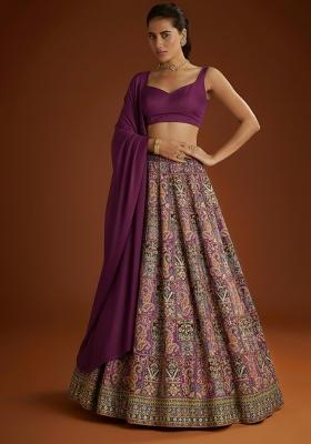 Plum Embroidered Crepe Lehenga Set