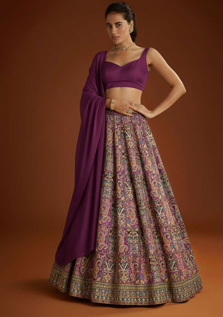 Plum Embroidered Crepe Lehenga Set - Indya