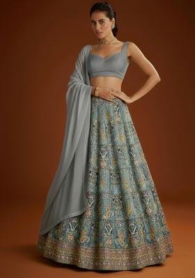 Grey Embroidered Crepe Lehenga Set
