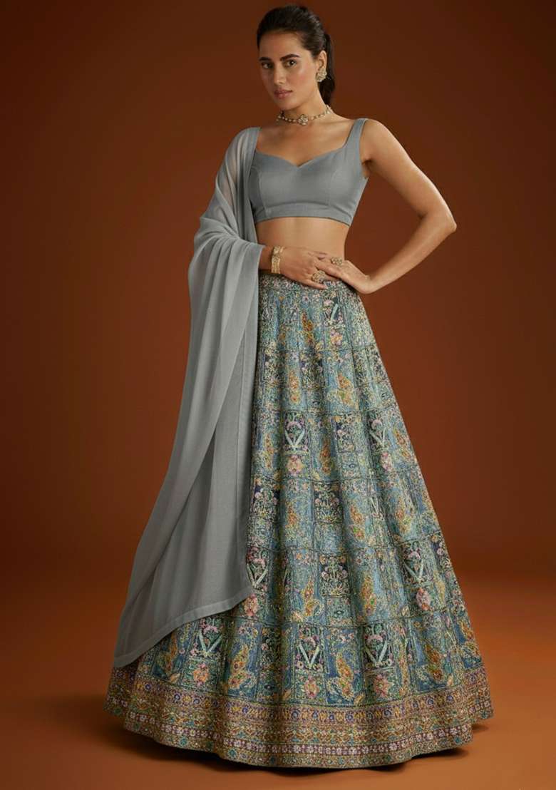 Grey Embroidered Crepe Lehenga Set - Indya