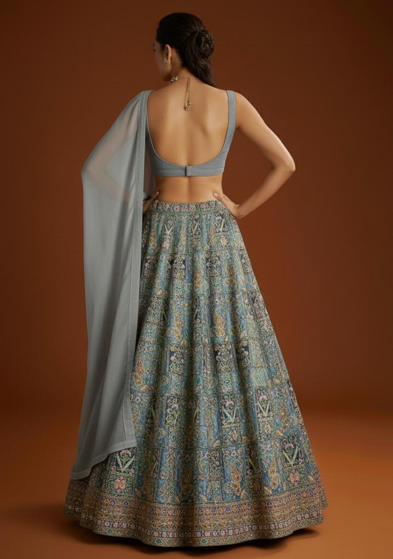 Grey Embroidered Crepe Lehenga Set - Indya
