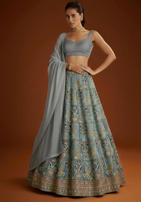 Grey Embroidered Crepe Lehenga Set