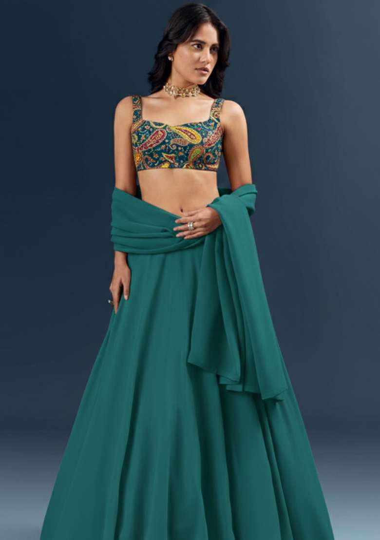 Emerald Green Embroidered Crepe Lehenga Set - Indya