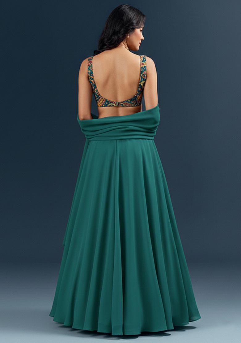 Emerald Green Embroidered Crepe Lehenga Set - Indya