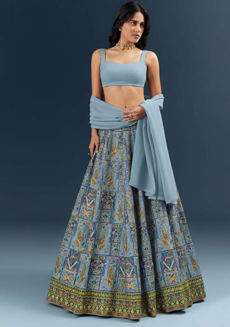 Powder Blue Embroidered Crepe Lehenga Set - Indya