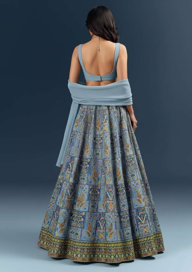 Powder Blue Embroidered Crepe Lehenga Set - Indya