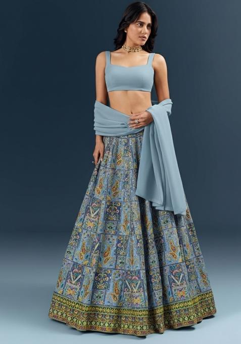 Powder Blue Embroidered Crepe Lehenga Set