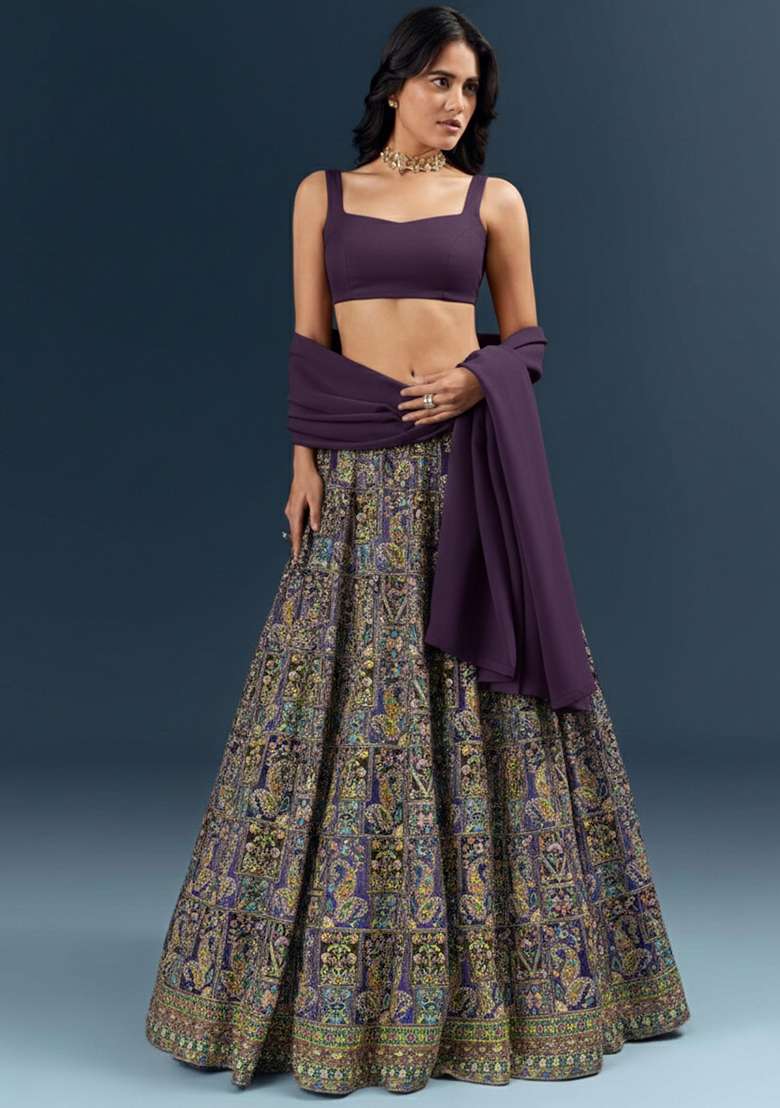 Purple Embroidered Crepe Lehenga Set - Indya