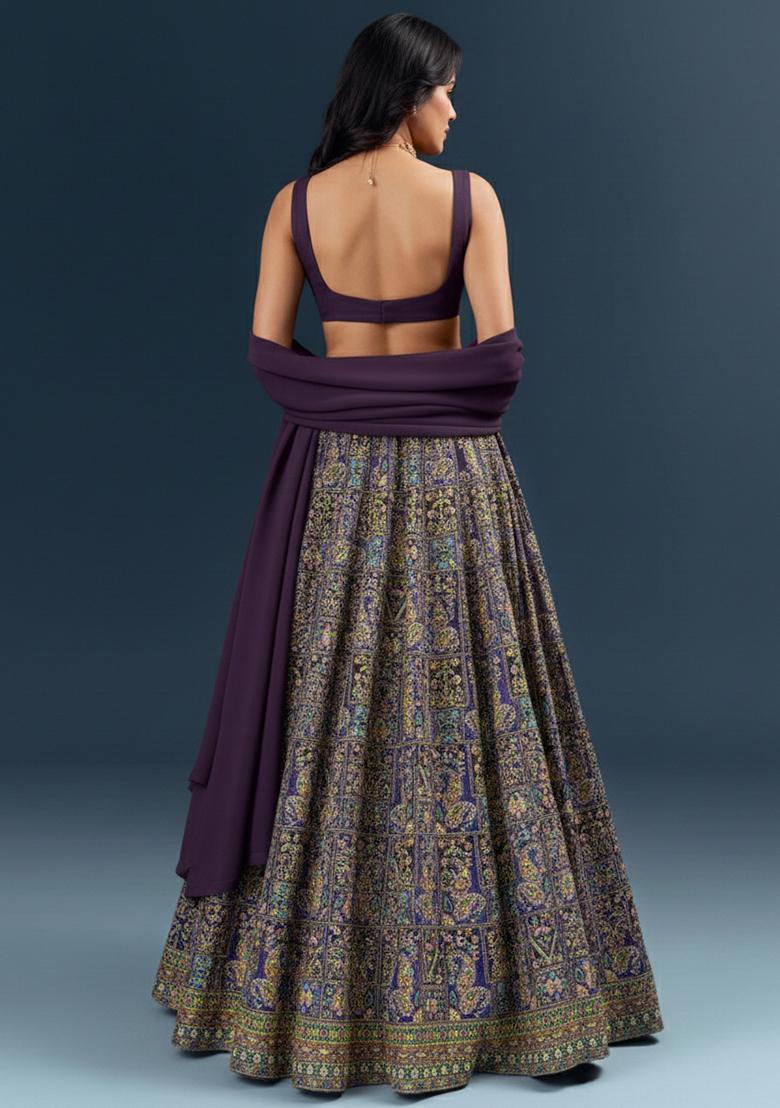 Purple Embroidered Crepe Lehenga Set - Indya
