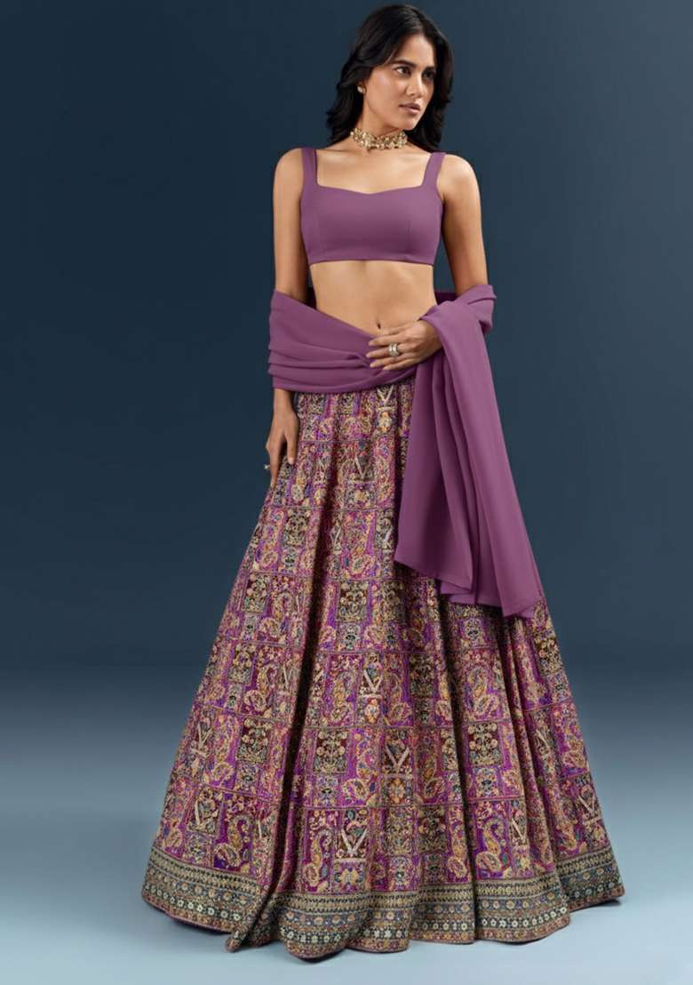 Mauve Embroidered Crepe Lehenga Set - Indya