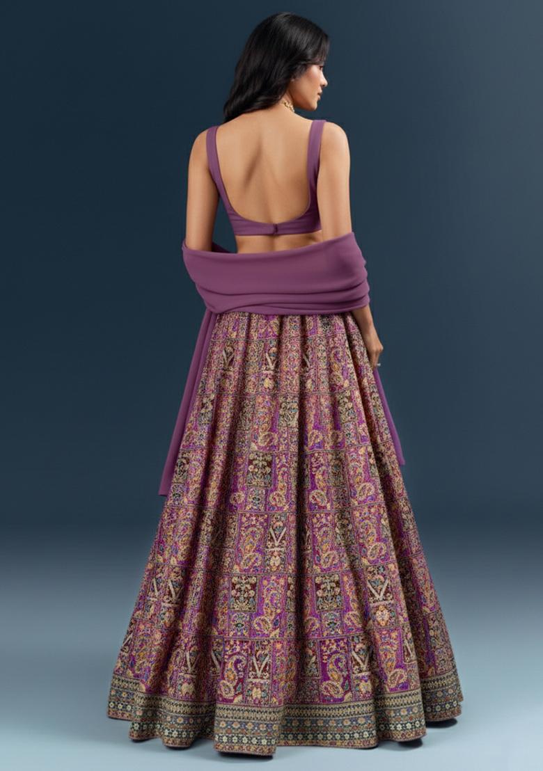 Mauve Embroidered Crepe Lehenga Set - Indya