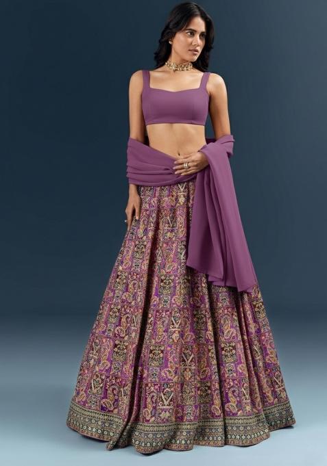 Mauve Embroidered Crepe Lehenga Set