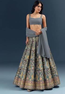 Grey Embroidered Crepe Lehenga Set