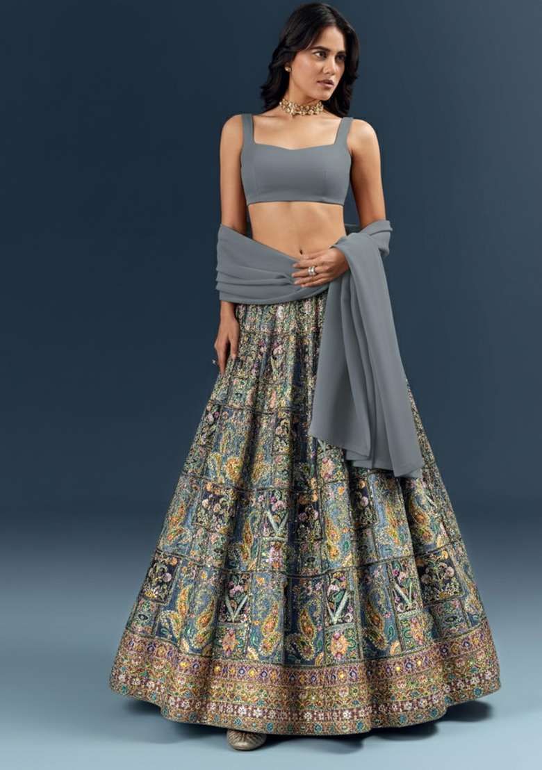 Grey Embroidered Crepe Lehenga Set - Indya