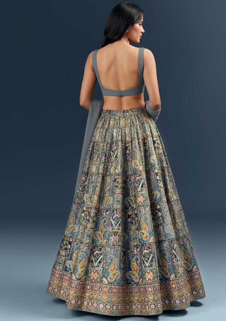 Grey Embroidered Crepe Lehenga Set - Indya