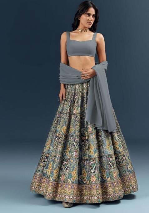 Grey Embroidered Crepe Lehenga Set