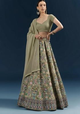 Olive Green Embroidered Crepe Lehenga Set