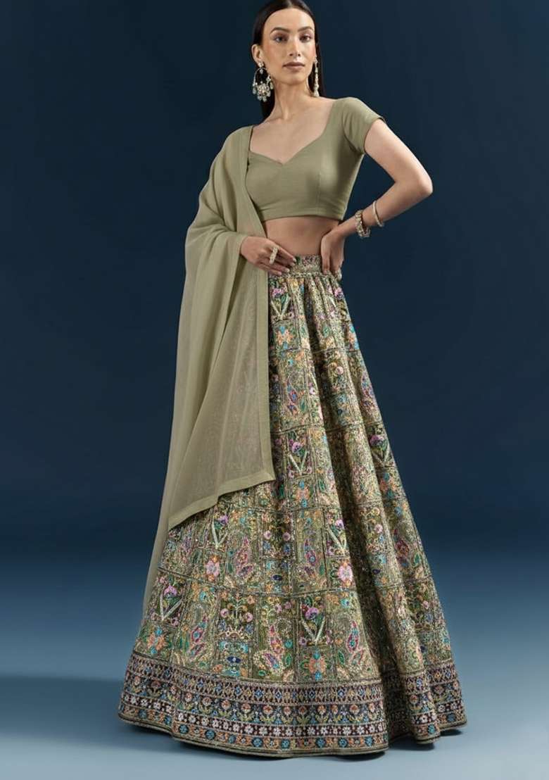 Olive Green Embroidered Crepe Lehenga Set - Indya