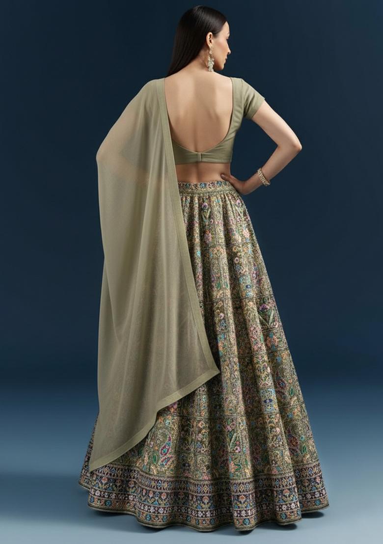 Olive Green Embroidered Crepe Lehenga Set - Indya