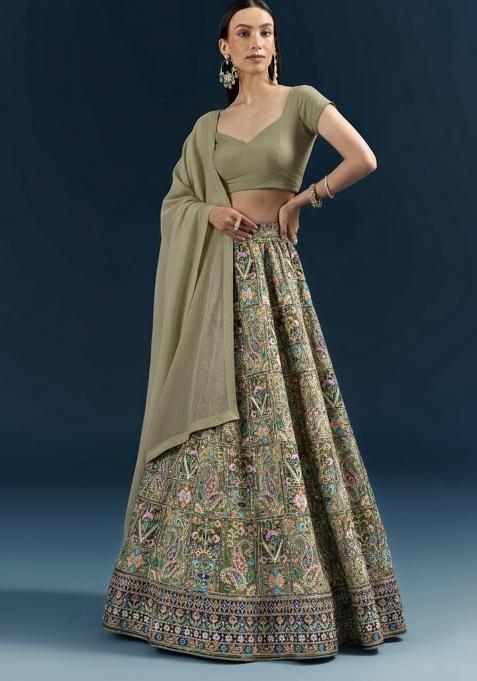 Olive Green Embroidered Crepe Lehenga Set