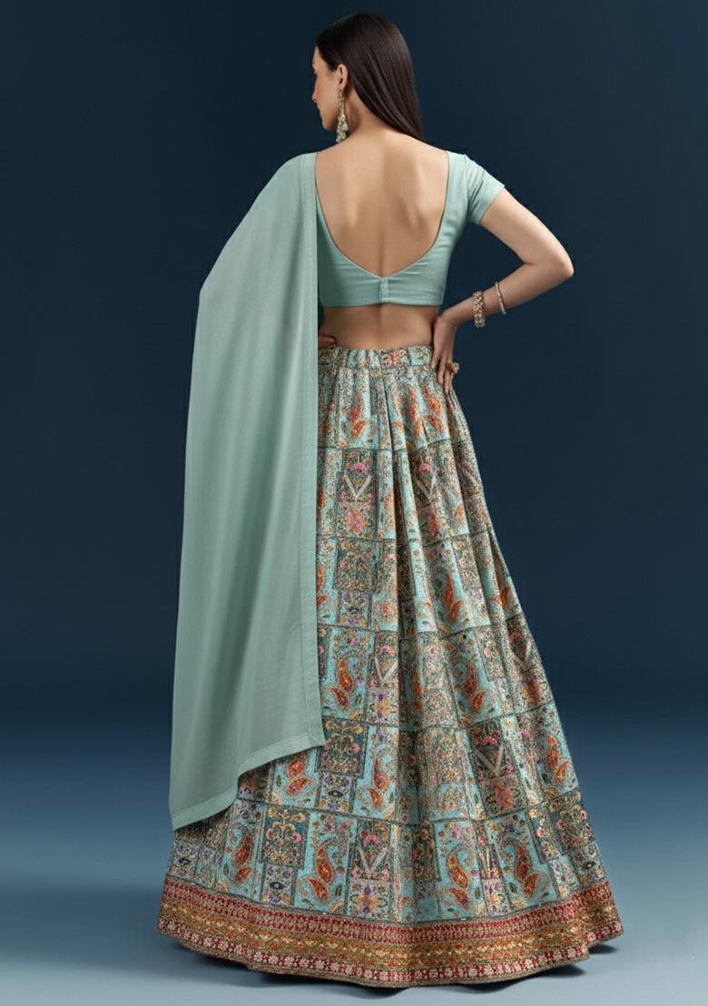Ice Blue Embroidered Crepe Lehenga Set - Indya