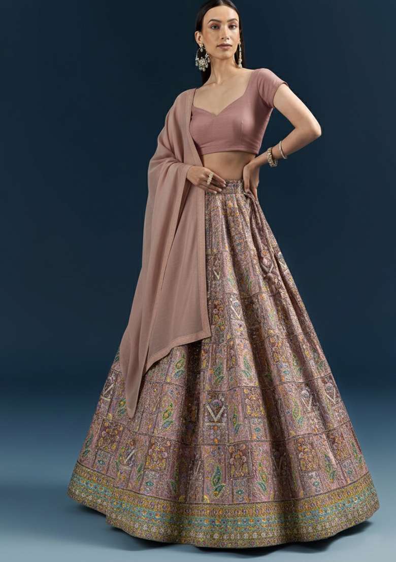 Dusty Pink Embroidered Crepe Lehenga Set - Indya