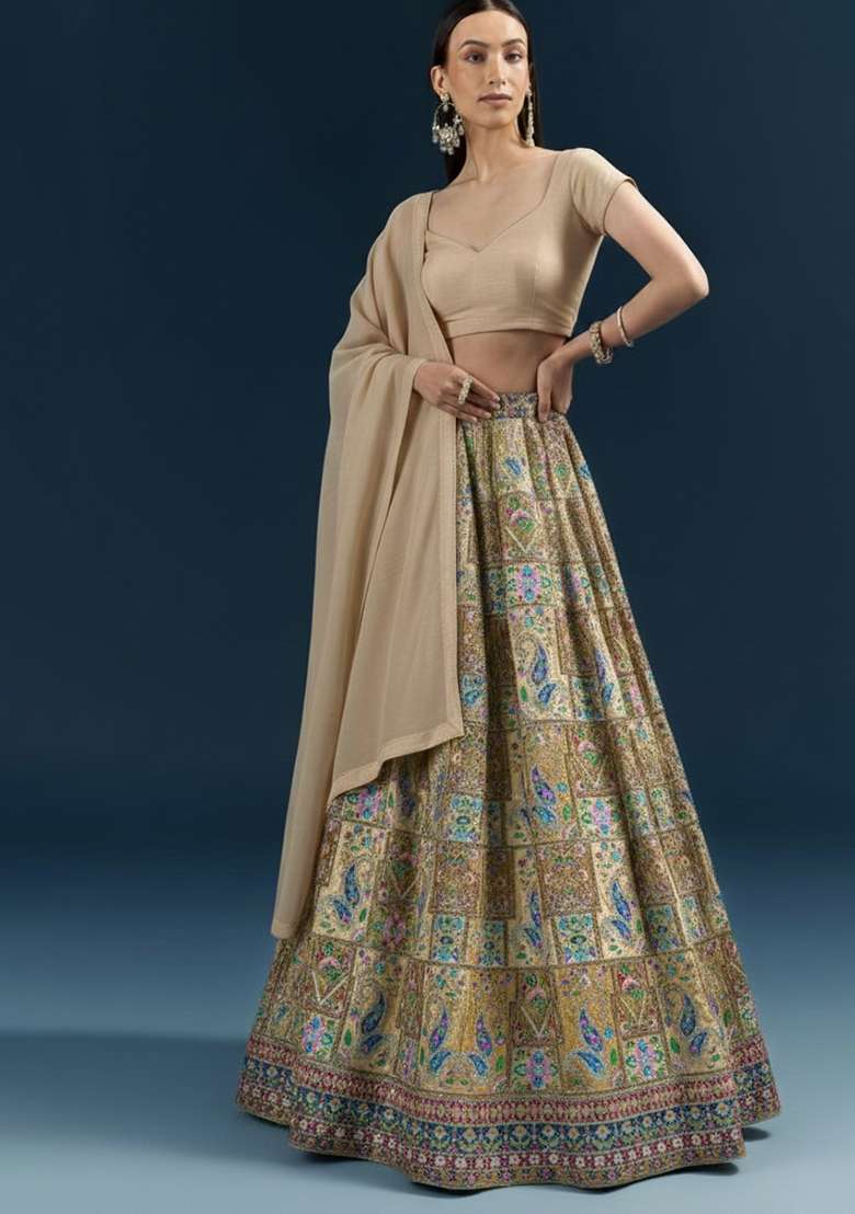 Beige Embroidered Crepe Lehenga Set - Indya