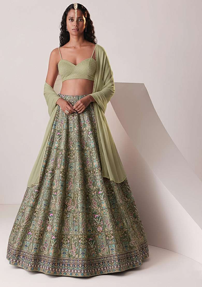 Pista Green Embroidered Crepe Lehenga Set - Indya