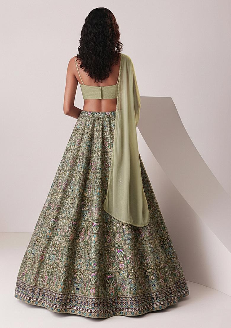 Pista Green Embroidered Crepe Lehenga Set - Indya