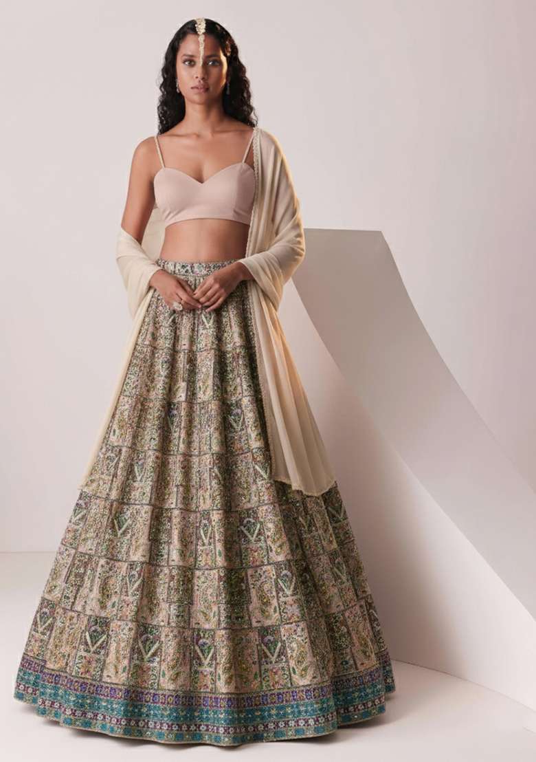 Beige Embroidered Crepe Lehenga Set - Indya