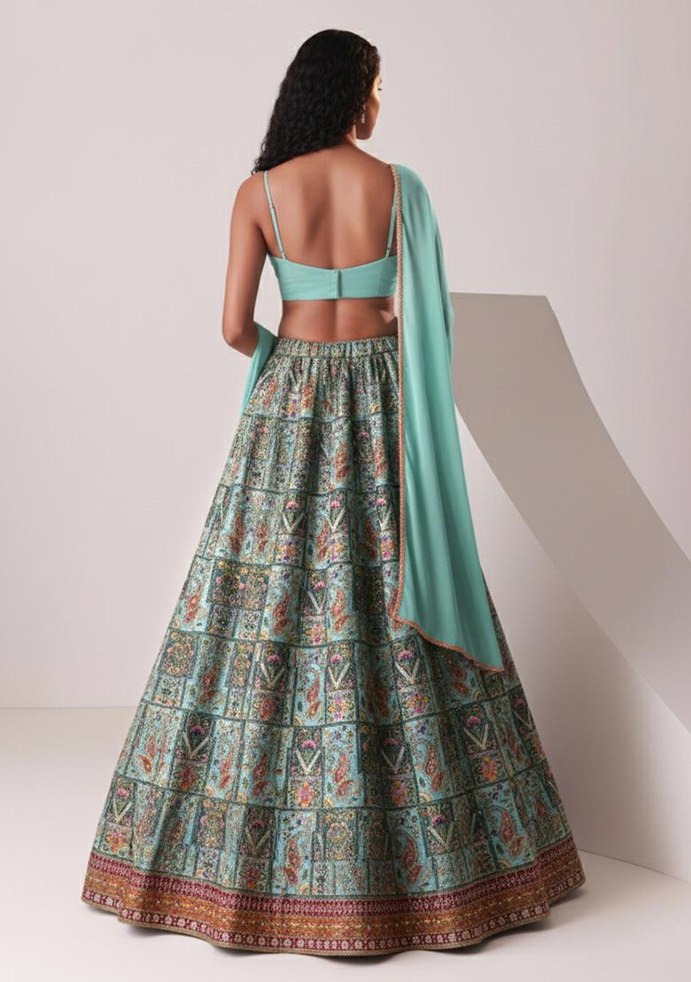Aqua Green Embroidered Crepe Lehenga Set - Indya