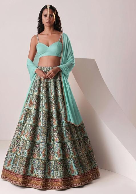 Aqua Green Embroidered Crepe Lehenga Set