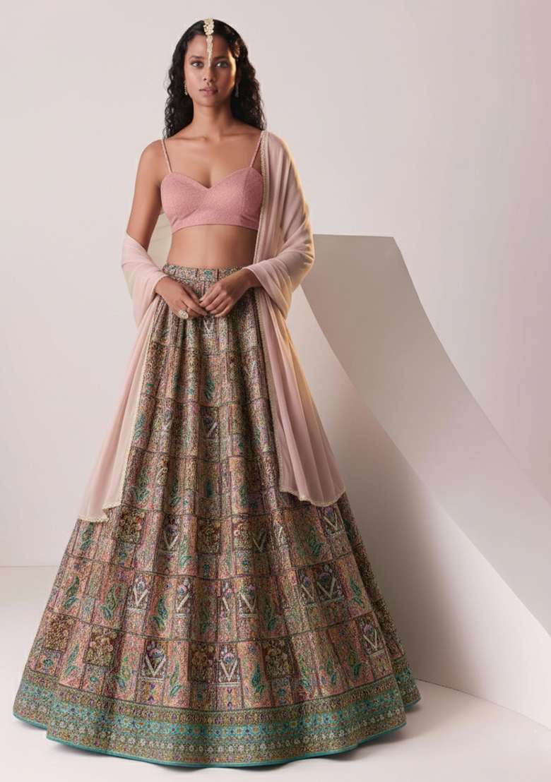 Blush Pink Embroidered Crepe Lehenga Set - Indya