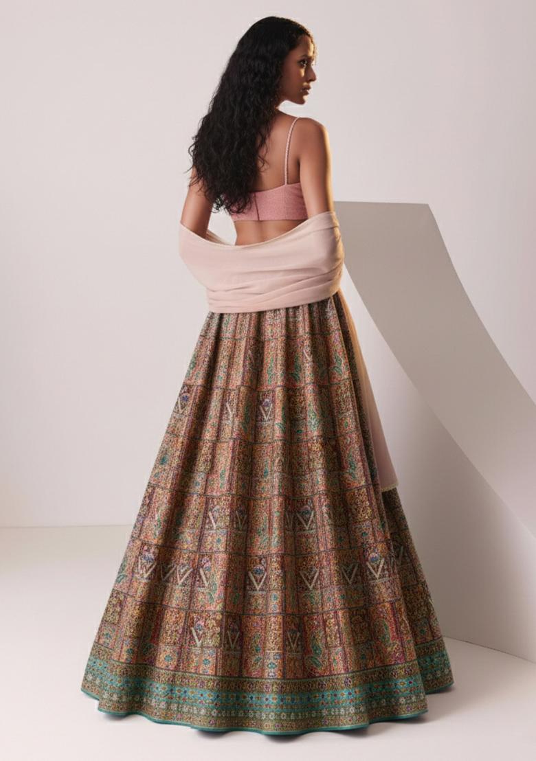 Blush Pink Embroidered Crepe Lehenga Set - Indya