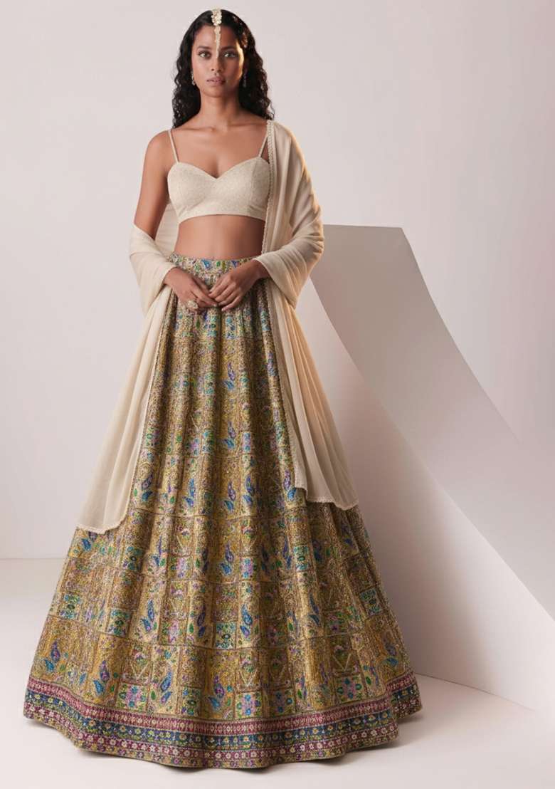 Cream Embroidered Crepe Lehenga Set - Indya