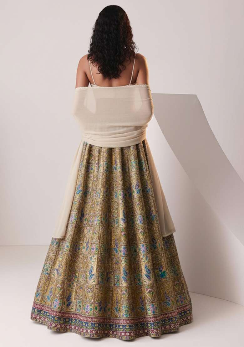 Cream Embroidered Crepe Lehenga Set - Indya
