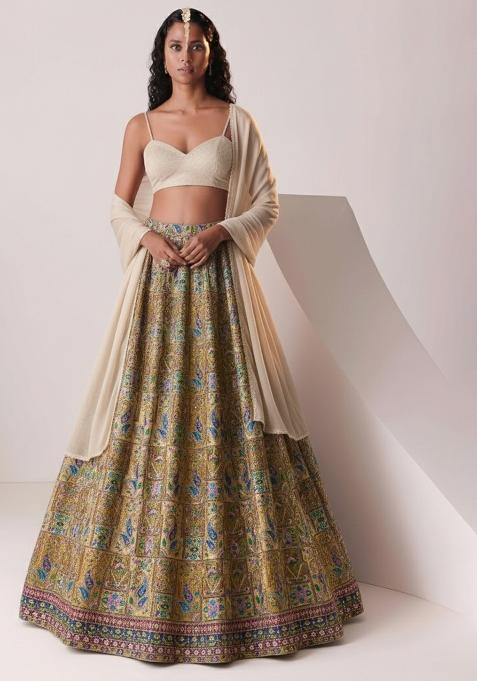 Cream Embroidered Crepe Lehenga Set