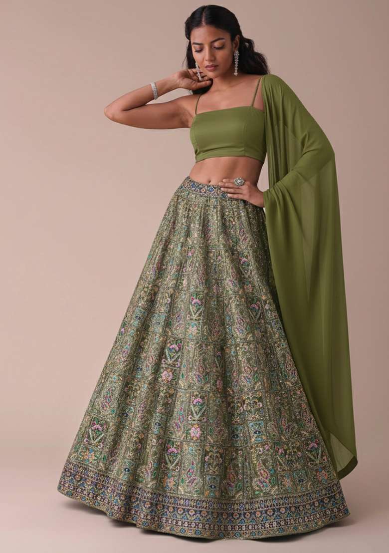 Olive Green Embroidered Crepe Lehenga Set - Indya