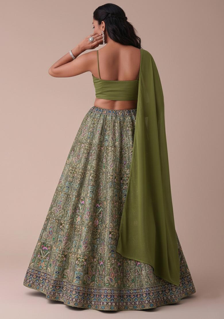 Olive Green Embroidered Crepe Lehenga Set - Indya