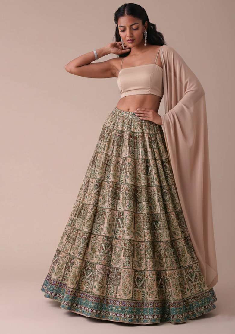 Beige Embroidered Crepe Lehenga Set - Indya