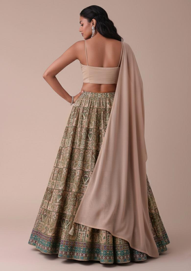 Beige Embroidered Crepe Lehenga Set - Indya