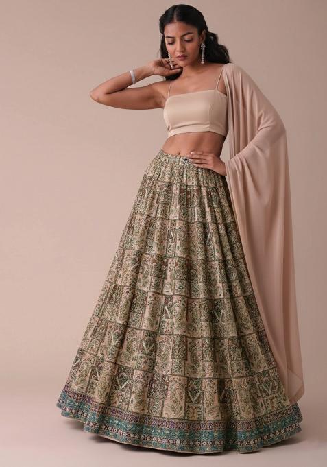 Beige Embroidered Crepe Lehenga Set