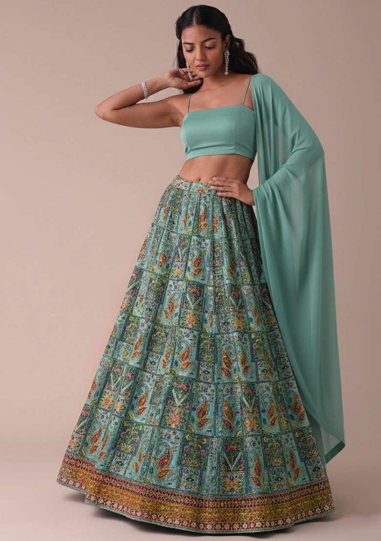 Sea Green Embroidered Crepe Lehenga Set - Indya