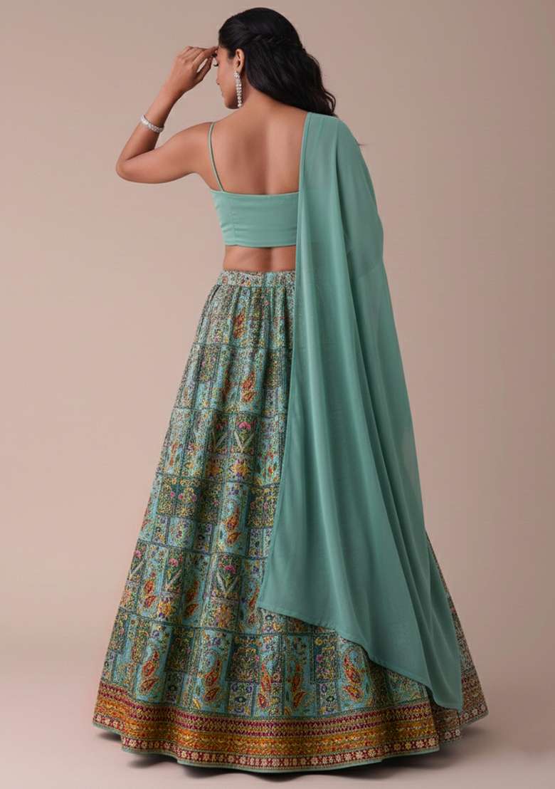 Sea Green Embroidered Crepe Lehenga Set - Indya