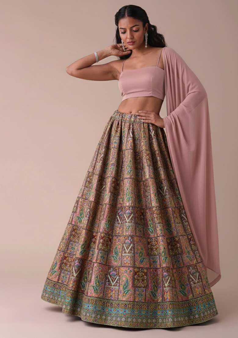 Blush Pink Embroidered Crepe Lehenga Set - Indya