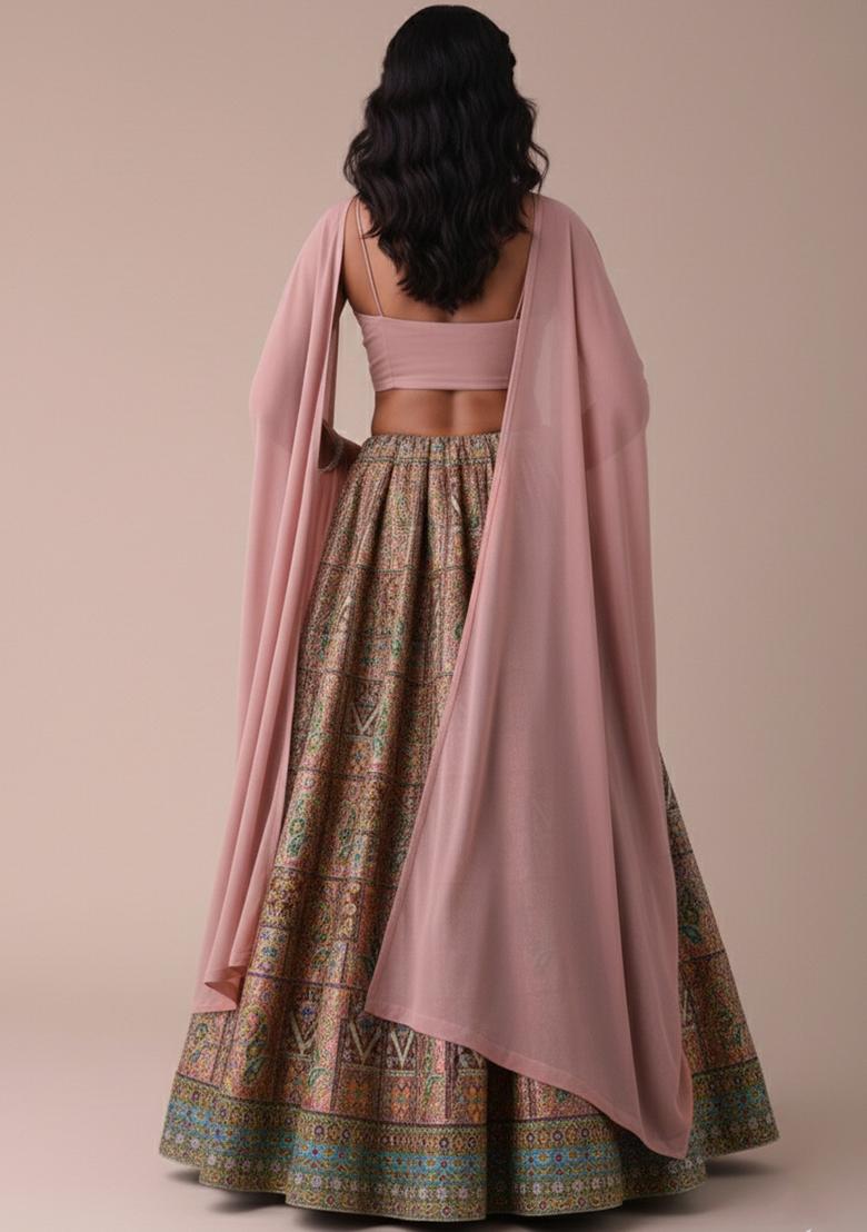 Blush Pink Embroidered Crepe Lehenga Set - Indya