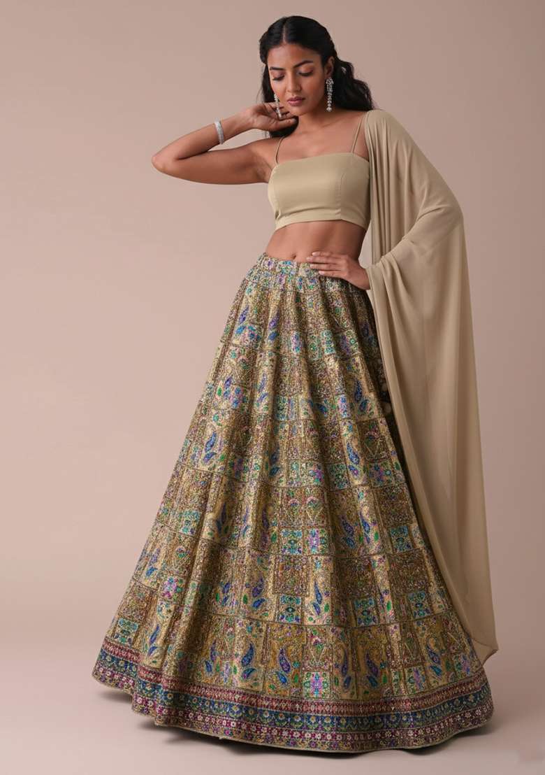Beige Embroidered Crepe Lehenga Set - Indya