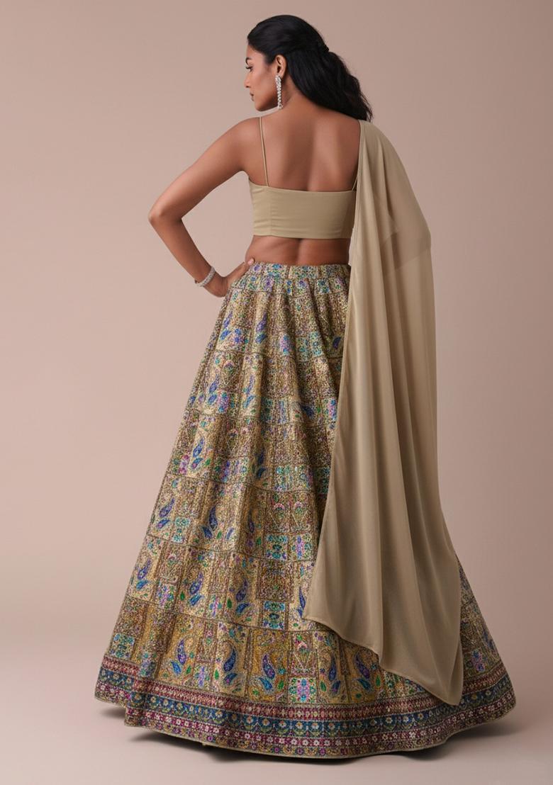 Beige Embroidered Crepe Lehenga Set - Indya