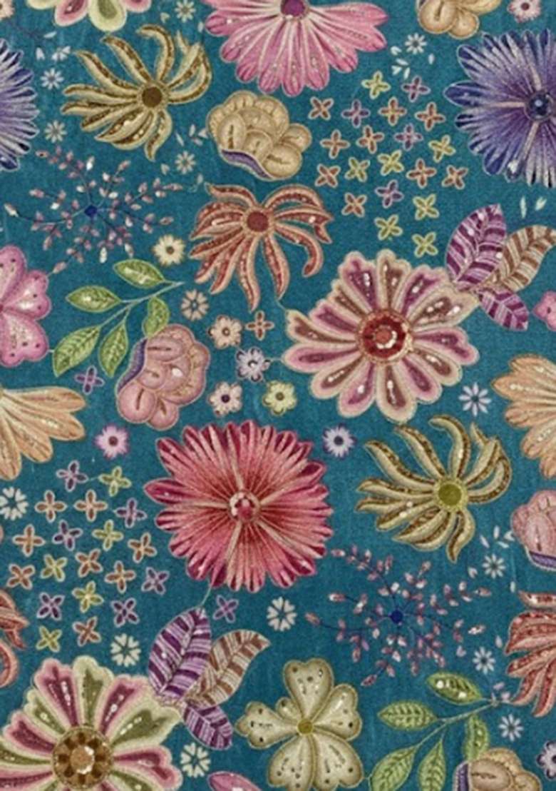 Teal Blue Chinon Lehenga Set with Floral Print for Diwali | Wedding & Festive Wear - Indya